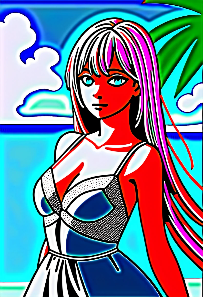 Highest quality, High detail, (Detailed face), Fine grain,((Highest quality, masterpiece)), beautifully、aesthetic, Perfect lighting, Image features a beautiful young woman with long hair,(masterpiece, Highest quality:1.2), One girl, alone,One girl, lillia, One Girl、Pink long hair、blue eyes、White dress with black lace、large pink ribbon on the chest、 Stand on the beach near the sea. She was wearing a white dress and、It looks like you're posing for a photo. The beach is lined with palm trees, Create a calm and tropical atmosphere. The woman is the main focus of the image, Grab viewers' attention with her elegant poses and stunning beauty,,