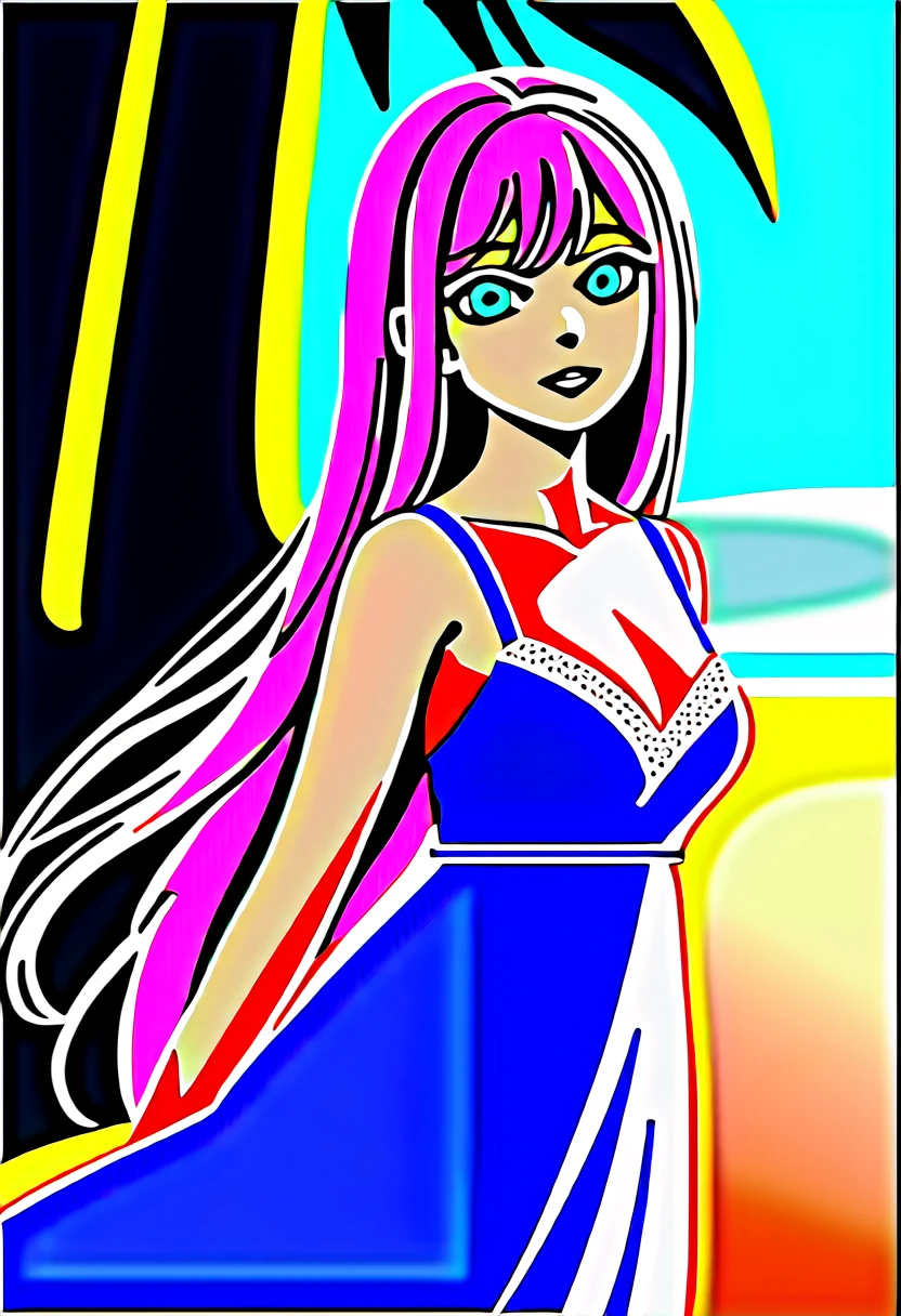 Highest quality, High detail, (Detailed face), Fine grain,((Highest quality, masterpiece)), beautifully、aesthetic, Perfect lighting, Image features a beautiful young woman with long hair,(masterpiece, Highest quality:1.2), One girl, alone,One girl, lillia, One Girl、Pink long hair、blue eyes、White dress with black lace、large pink ribbon on the chest、 Stand on the beach near the sea. She was wearing a white dress and、It looks like you're posing for a photo. The beach is lined with palm trees, Create a calm and tropical atmosphere. The woman is the main focus of the image, Grab viewers' attention with her elegant poses and stunning beauty,,