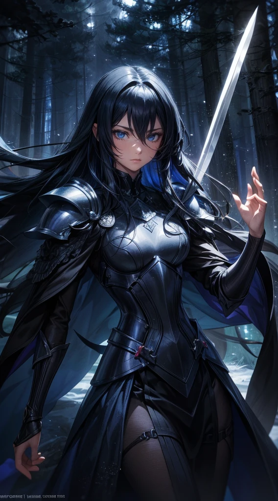 A stunning 3D render of an Anime-inspired Dark Fantasy character, Knight Aosoth. He's tall, handsome man with long black hair and piercing blue eyes. Clad in dark armor, he is ready to attack with his long sword, its edge gleamed ominously. The background is dimly lit, Creepy Forest, where the shadows dance and play. The general atmosphere is tense and mysterious., with a view of the upcoming battle., Anime, illustration, Dark Fantasy, 3D rendering