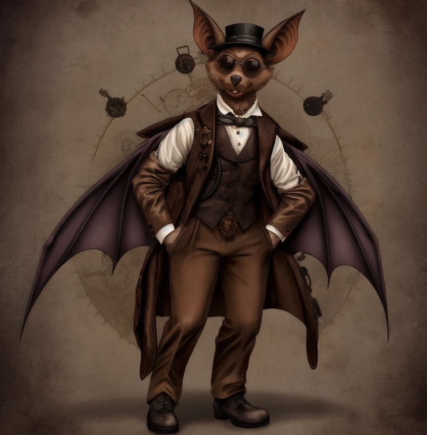 bat, fluffly, wearing a brown suit vest, Brown pants, wearing round steampunk glasses