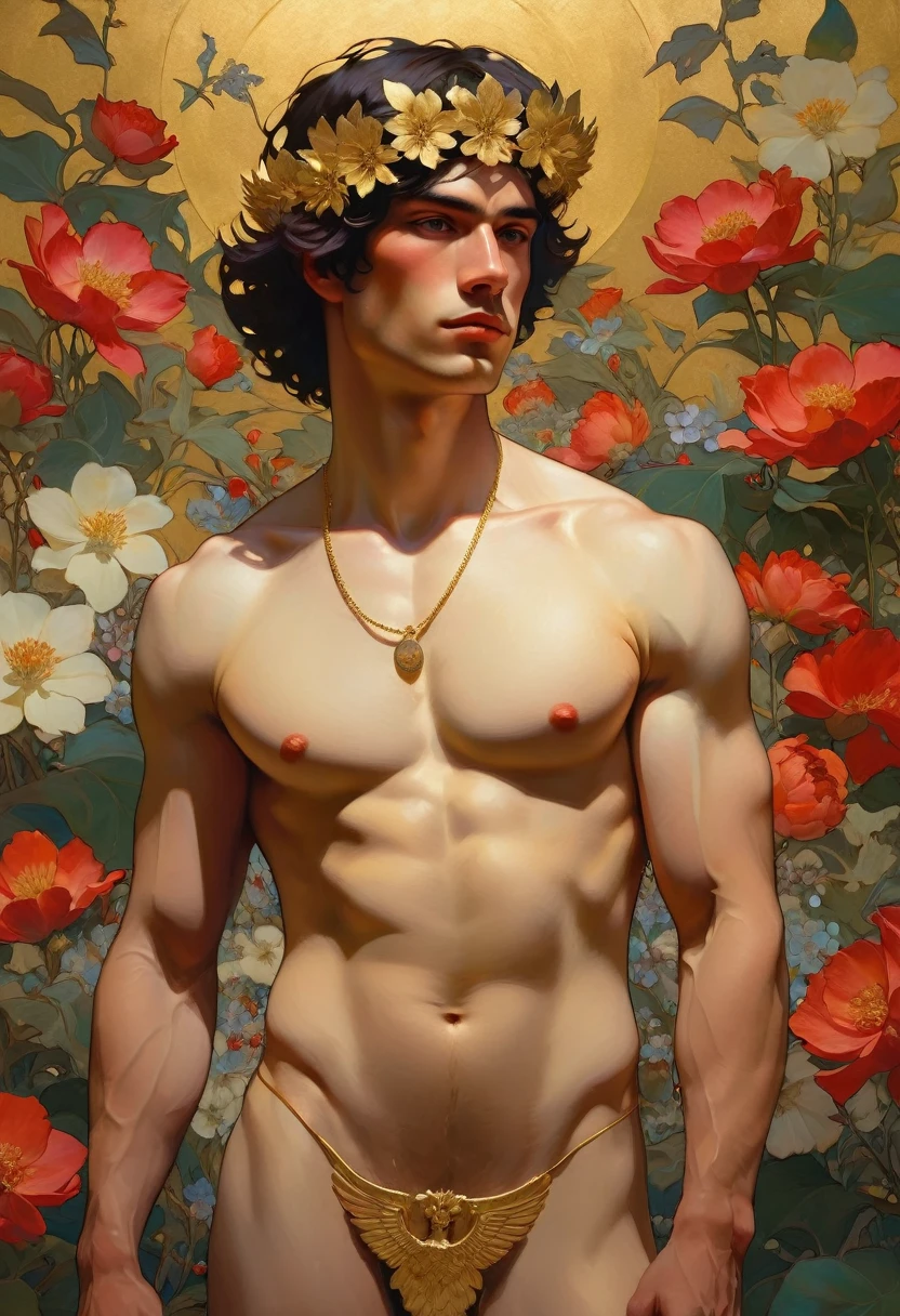 Full body portrait of handsome young man wearing flower crown, manly，muscle，Naked man among flowers, Wearing a white very short strip of cloth on the lower body，he has a flower crown, jewelry，The male god among the flowers, Covered with flowers, Mucha Klimt and Tom Bagshaw, girl among flowers, spring male persephone, Flower God, Zhenrong New Art, Portrait of male holding flowers, original photo (aldult:1.3),Male erupts into intense crimson cascade,The intersection of magic and technology and the sticky temptation disappear into the shadows,A neo-expressionist masterpiece embraced by gold,Topless,muscle,Hair between the eyes,(Chiaroscuro:1.3),(Octane rendering masterpiece,masterpiece scale,beautiful depth of field,super wide angle,Ultra-detailed CG perspective,Super dynamic lighting with amazing shadows,dramatic lighting), Conveys feelings of inner strength and confidence. Introducing a gentle, Atmospheric haze in the environment, Creates a soft light diffusion effect，Gives the impression of a golden aura and presence.