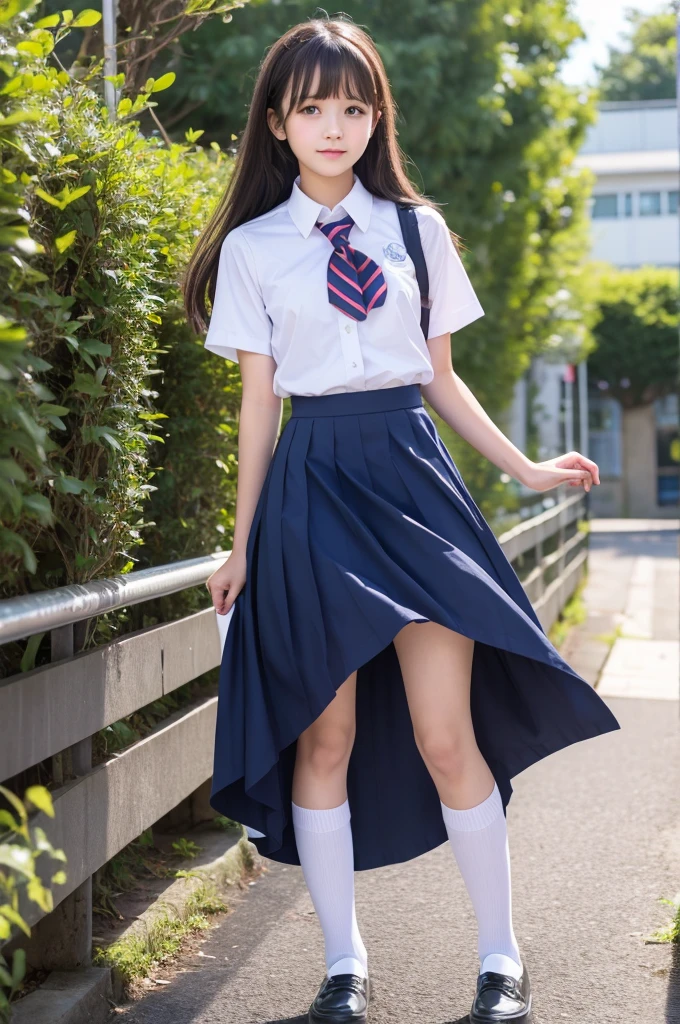 high school girl、uniform、F Cup、Long skirt、Pussy、Flip up the skirt