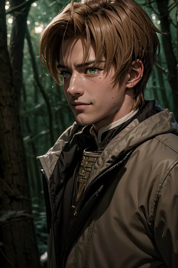 In realistic painting portrait of high quality and detail, Rudeus Greyrat (Mushoku Tensei), 2000's movie style, 1man, full body, 18-year-old man, sharp features, detailed face, sad smiling expression, a tall, well-built man with a handsome appearance. He has light brown hair and green eyes, and he also has a mole under his left eye, dark and moody lighting, portrait, contrasting colors, subtle shadows, mysterious atmosphere, outdoors, dark forest on the background, he stands near the tree, (ultra-high detail:1.2), Masterpiece, Best Quality, Ultra-detailed, Cinematic lighting, 8K, delicate features, cinematic, 35 mm lens, f/1.9, highlight lighting, global lighting –uplight –v 4, Cinematic lighting, 8K, high quality, Highest Quality, (Solo Focus), (extremly intricate:1.3), (Realistic), masterful, Analog style, (Film grain:1.5), (warm hue, cold tone), Mystical powers, fantasy, Depth & Perspective, movie style, dark and mysterious atmosphere, 