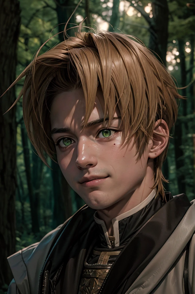 In realistic painting portrait of high quality and detail, Rudeus Greyrat (Mushoku Tensei), 2000's movie style, 1man, full body, 18-year-old man, sharp features, detailed face, sad smiling expression, a tall, well-built man with a handsome appearance. He has light brown hair and green eyes, and he also has a mole under his left eye, dark and moody lighting, portrait, contrasting colors, subtle shadows, mysterious atmosphere, outdoors, dark forest on the background, he stands near the tree, (ultra-high detail:1.2), Masterpiece, Best Quality, Ultra-detailed, Cinematic lighting, 8K, delicate features, cinematic, 35 mm lens, f/1.9, highlight lighting, global lighting –uplight –v 4, Cinematic lighting, 8K, high quality, Highest Quality, (Solo Focus), (extremly intricate:1.3), (Realistic), masterful, Analog style, (Film grain:1.5), (warm hue, cold tone), Mystical powers, fantasy, Depth & Perspective, movie style, dark and mysterious atmosphere, 