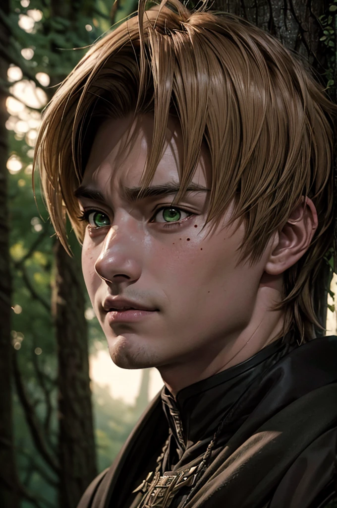 In realistic painting portrait of high quality and detail, Rudeus Greyrat (Mushoku Tensei), 2000's movie style, 1man, full body, 18-year-old man, sharp features, detailed face, sad smiling expression, a tall, well-built man with a handsome appearance. He has light brown hair and green eyes, and he also has a mole under his left eye, dark and moody lighting, portrait, contrasting colors, subtle shadows, mysterious atmosphere, outdoors, dark forest on the background, he stands near the tree, (ultra-high detail:1.2), Masterpiece, Best Quality, Ultra-detailed, Cinematic lighting, 8K, delicate features, cinematic, 35 mm lens, f/1.9, highlight lighting, global lighting –uplight –v 4, Cinematic lighting, 8K, high quality, Highest Quality, (Solo Focus), (extremly intricate:1.3), (Realistic), masterful, Analog style, (Film grain:1.5), (warm hue, cold tone), Mystical powers, fantasy, Depth & Perspective, movie style, dark and mysterious atmosphere, 