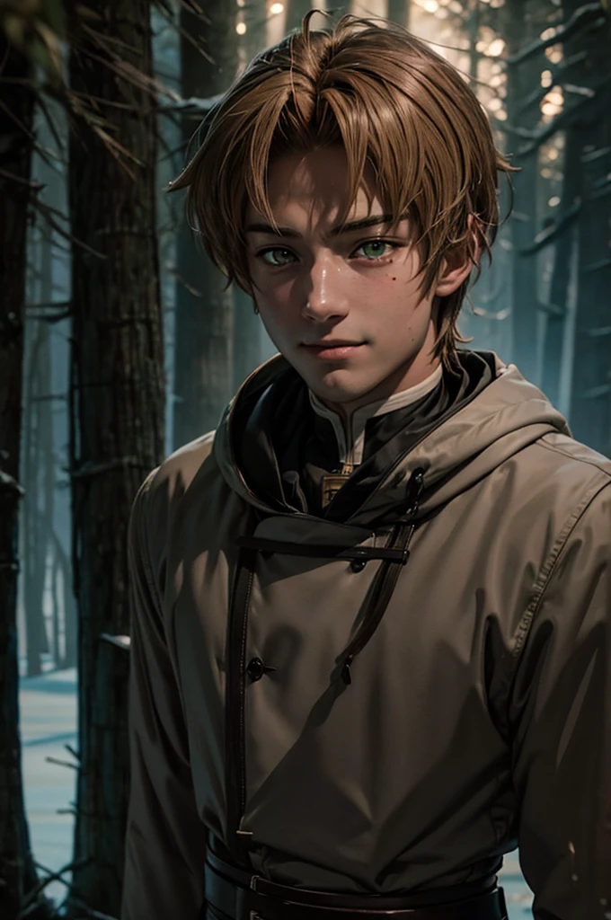 In realistic painting portrait of high quality and detail, Rudeus Greyrat (Mushoku Tensei), 2000's movie style, 1man, full body, 18-year-old man, sharp features, detailed face, sad smiling expression, a tall, well-built man with a handsome appearance. He has light brown hair and green eyes, and he also has a mole under his left eye, dark and moody lighting, portrait, contrasting colors, subtle shadows, mysterious atmosphere, outdoors, dark forest on the background, he stands near the tree, (ultra-high detail:1.2), Masterpiece, Best Quality, Ultra-detailed, Cinematic lighting, 8K, delicate features, cinematic, 35 mm lens, f/1.9, highlight lighting, global lighting –uplight –v 4, Cinematic lighting, 8K, high quality, Highest Quality, (Solo Focus), (extremly intricate:1.3), (Realistic), masterful, Analog style, (Film grain:1.5), (warm hue, cold tone), Mystical powers, fantasy, Depth & Perspective, movie style, dark and mysterious atmosphere, 