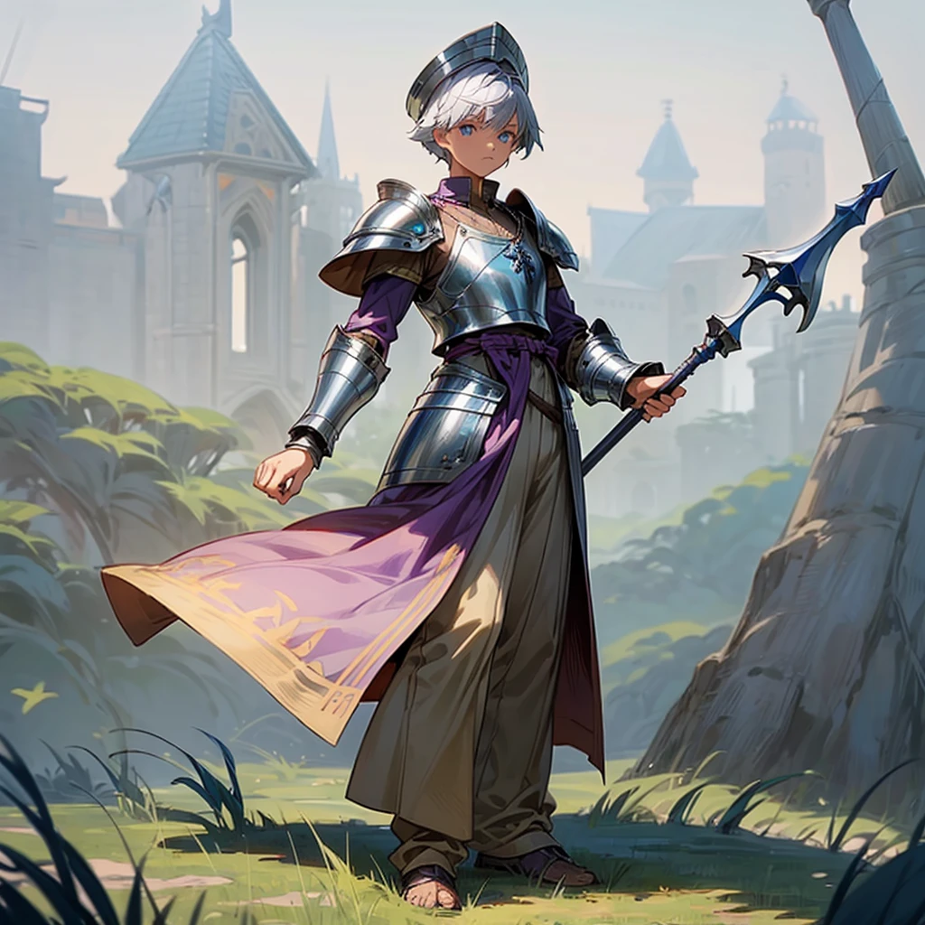 1boy, Full body version, 1character, blue eyes color, sad eyes, eyeliner, tan skin, classic fade haircut, almond eyes type, brown colour hair, medieval clothing style, breton hat, armor body, purple color clothing, silver necklaces, armor on hand, silver spear in hand, Grassroots background in field town, motion blur