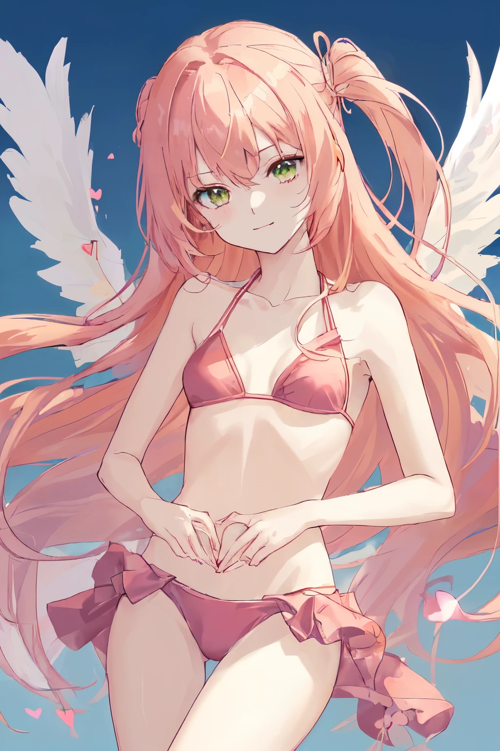 1_girl, (anime, kawai:2), (masterpeice, best_quality, clean:1.5), (sky_background:1.2), (cute, cute_smile, young:1.5), (delicate, extremely_delicate, beautiful, thin:1.5), (girlfriend, angel:1.8), (green_eyes, simple_eyes:1.8) (long_hair, blond_hair, wearing_pink_dress, pink_angel_wings, _gloves:1.5), extremely_delicate, (love_magic:1.5), (age_size_fits_body), (small_thighs:1.3), (breasts), (eye_level:1.3), (heart_magic, love:1.5), (folded_legs:1.5), (combat:1.5), (bikini:1.5)