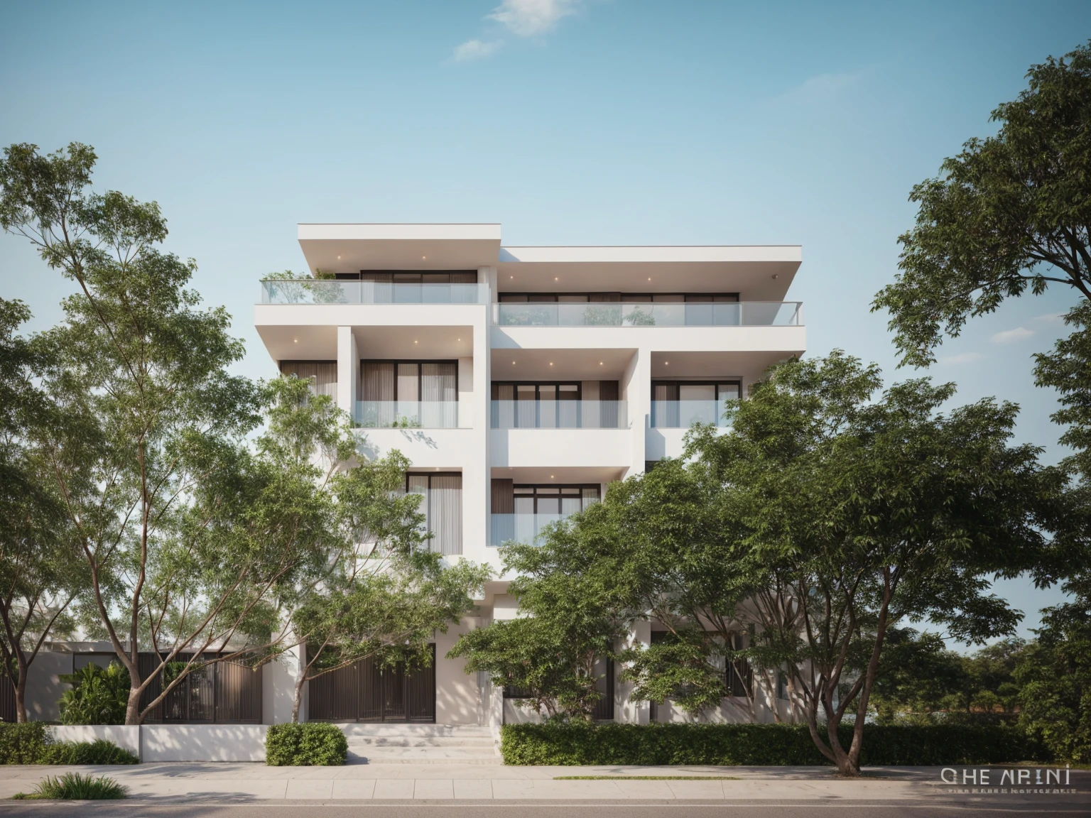 Minimalist architecture, the main materials of the house include white walls, blue concrete effect walls, Realistic images, extremely detailed, a modern house, 1 road in font of house, large yard made by ceramic, (1 car), brick fence, lawn, a few small flowers, a road in front of the house, main materials of the house are white walls and red brick, Modern design, clear blue sky, sunrise light, light from inside, dynamic light,shimering light, cinematic light, romantic feeling, (((day light, warm light)))