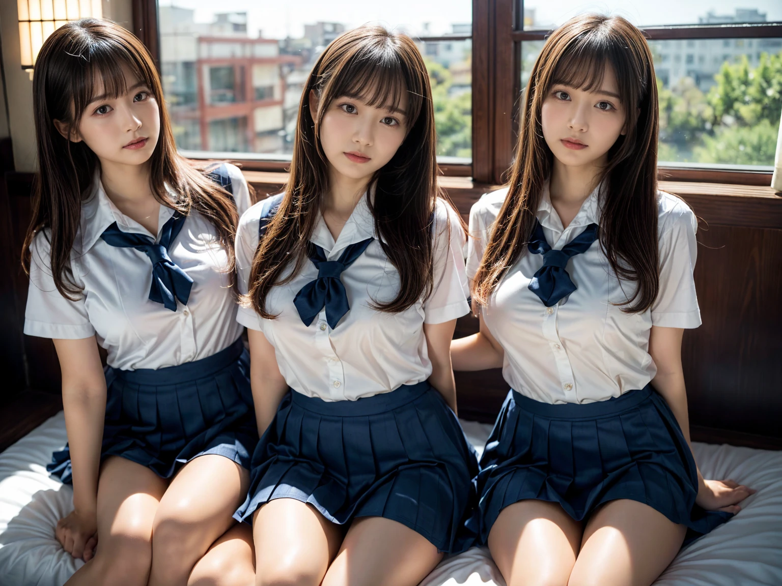 (RAW photo, 4k, masterpiece, high resolution, extremely complex) (realistic: 1.4), cinematic lighting
((2 girls, 2 schoolgirls)),Slam Dunk's,blushing,((innocent)),(Dark makeup),bright eyes,round eyes,blunt bangs,(straight hair:1.3),black hair,large breasts,wide hips,Summer Noon, 20 year old girl、cute type、ta,Hot, (Best Quality), (Highres), (an Extremely Delicate and Beautiful),(Beautiful 8k face),(Brown eyes),short bob hair,( spectators),(gigantic breasts),(Play with each other,Touching each other's bodies,Touching the body),(Japanese high school uniform:1.3),blue skirt,(reality),bright lighting,(The background is a luxury hotel room)