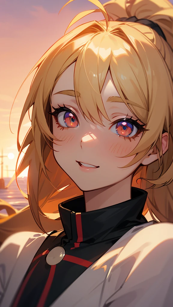 Highest quality、High resolution、Pixel perfect、Depth of written boundary、4K、One Girl、solo、、Anime Girls、Blonde ponytail、Ahoge、Big round red eyes:1.4、Beautiful eyes drawn in detail、Perfect Eyes、Curled eyelashes、Realistic eyes、Anime CG Style、smile、Open your mouth、Under the sunset sky