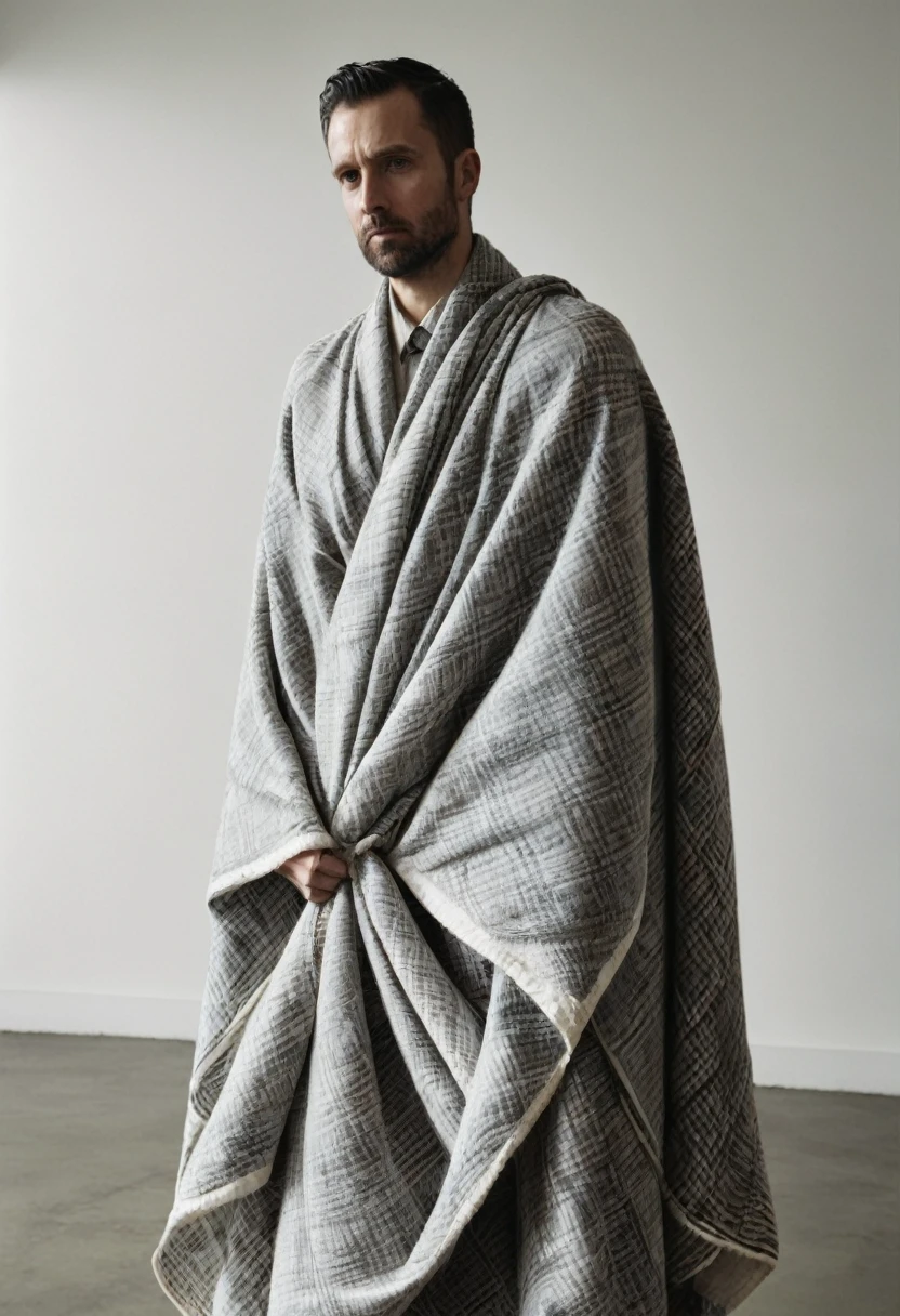 A man in a dress made of a blanket, tied tightly
