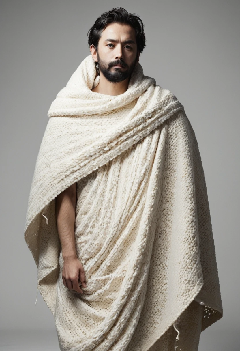 A man in a dress made of a blanket, tied tightly