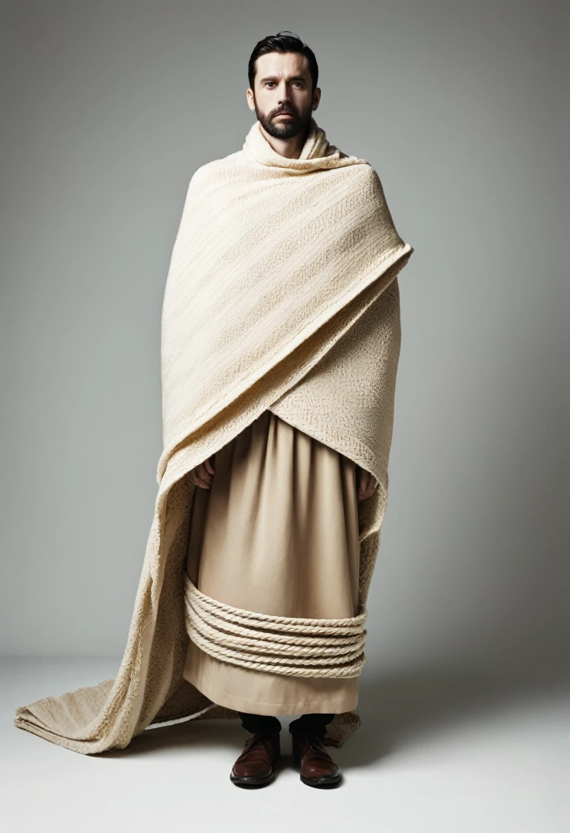 A man in a dress made of a blanket, tied tightly
