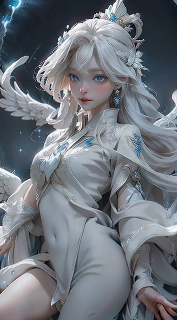 Celestial appearance with almost white blonde hair, deep blue eyes, luminous skin, and majestic wings of white feathers.
 Flowing white tunic with golden details and a crown of flowers and sparkling stars.Compassionate, serene, wise, empathetic, protective and fair.Flying, healing with touch and voice, telepathic communication, and purification of dark places.