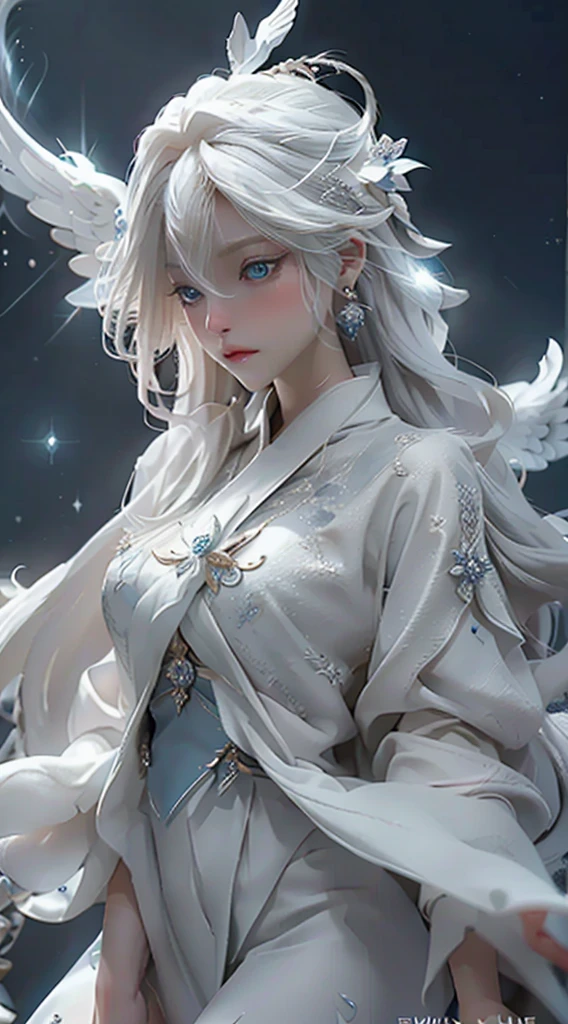 Celestial appearance with almost white blonde hair, deep blue eyes, luminous skin, and majestic wings of white feathers.
 Flowing white tunic with golden details and a crown of flowers and sparkling stars.Compassionate, serene, wise, empathetic, protective and fair.Flying, healing with touch and voice, telepathic communication, and purification of dark places.