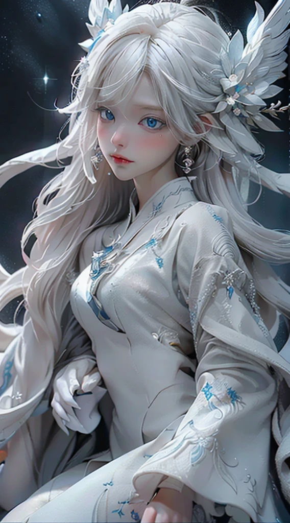 Celestial appearance with almost white blonde hair, deep blue eyes, luminous skin, and majestic wings of white feathers.
 Flowing white tunic with golden details and a crown of flowers and sparkling stars.Compassionate, serene, wise, empathetic, protective and fair.Flying, healing with touch and voice, telepathic communication, and purification of dark places.