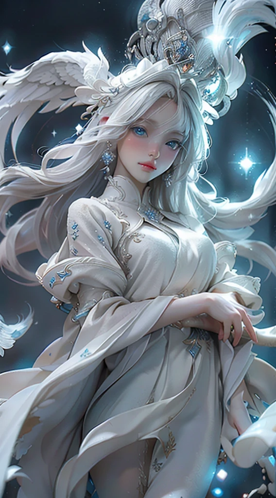 Celestial appearance with almost white blonde hair, deep blue eyes, luminous skin, and majestic wings of white feathers.
 Flowing white tunic with golden details and a crown of flowers and sparkling stars.Compassionate, serene, wise, empathetic, protective and fair.Flying, healing with touch and voice, telepathic communication, and purification of dark places.
