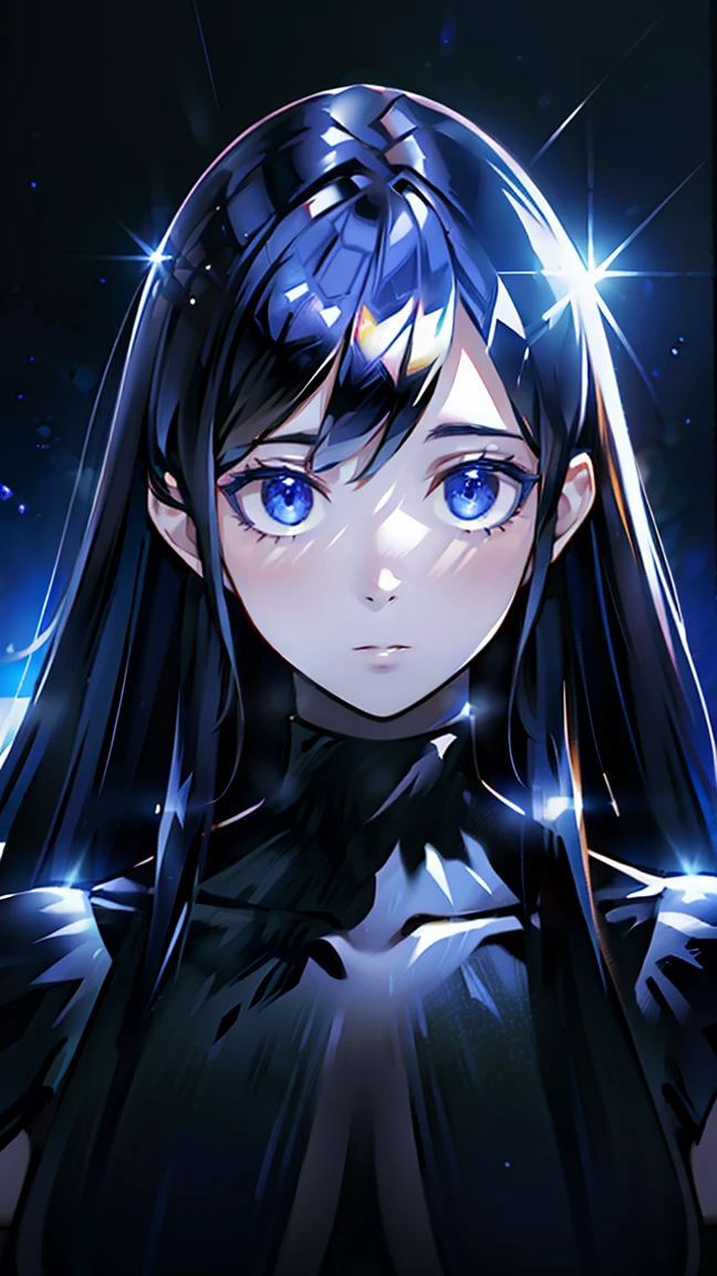 a beautiful long-haired girl with crystal-like hair, large breasts, powerful physique, shiny black hair, goddess-like, surrounded by blue lighting, (best quality,4k,8k,highres,masterpiece:1.2),ultra-detailed,(realistic,photorealistic,photo-realistic:1.37),portrait,fantasy,dramatic lighting,dramatic pose,volumetric lighting,cinematic lighting,chiaroscuro,dramatic atmosphere