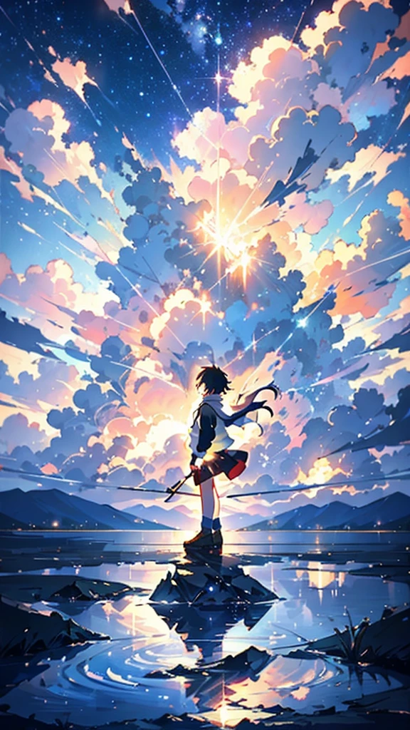 anime - style painting of a woman standing on a rock in a lake, anime beautiful peace scene, beautiful anime scene, beautiful anime scenery, makoto shinkai cyril rolando, makoto shinkai. digital render, in style of makoto shinkai, makoto shinkai art style, inspired by Makoto Shinkai, anime landscape, anime nature, starry sky, night sky,