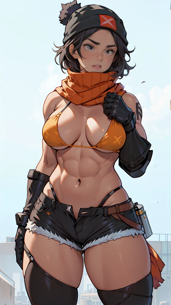extremely short hair perfect anatomy 1 girl tall solo curvy hoodie toned body ((bikini top)) ((shorts)) ((beanie)) ((scarf)) ((black gloves)) ((armor)), abs, huge breasts