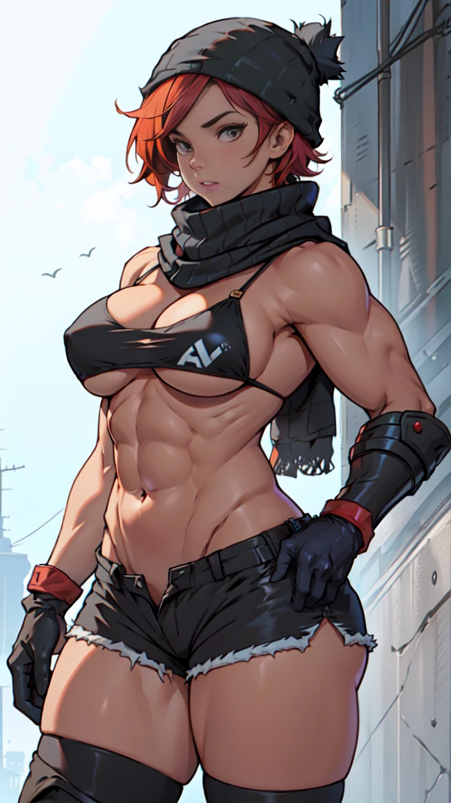 extremely short hair perfect anatomy 1 girl tall solo curvy hoodie toned body ((bikini top)) ((shorts)) ((beanie)) ((scarf)) ((black gloves)) ((armor)), abs, huge breasts
