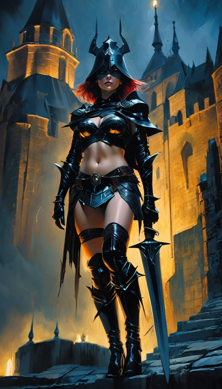 The sexy and dark warrior girl, dark castle, night(art inspired by Bill Sienkiewicz). oil painting)(best quality,4k,8k,highres,masterpiece:1.2),ultra-detailed,(realistic,photorealistic,photo-realistic:1.37),intricate details,vivid colors,sharp focus,professional,Dave McKean artwork, oil touch of surrealism,oil painting style