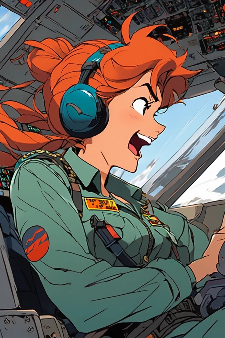anime series, female pilot, laugh, surprise expression, Inside the cabin of the f18 plane, arte de todd mcfarlane . animated style, Clave visual, Vibrant, Studio anime, whole body, sitting, driving taking lever, back view,