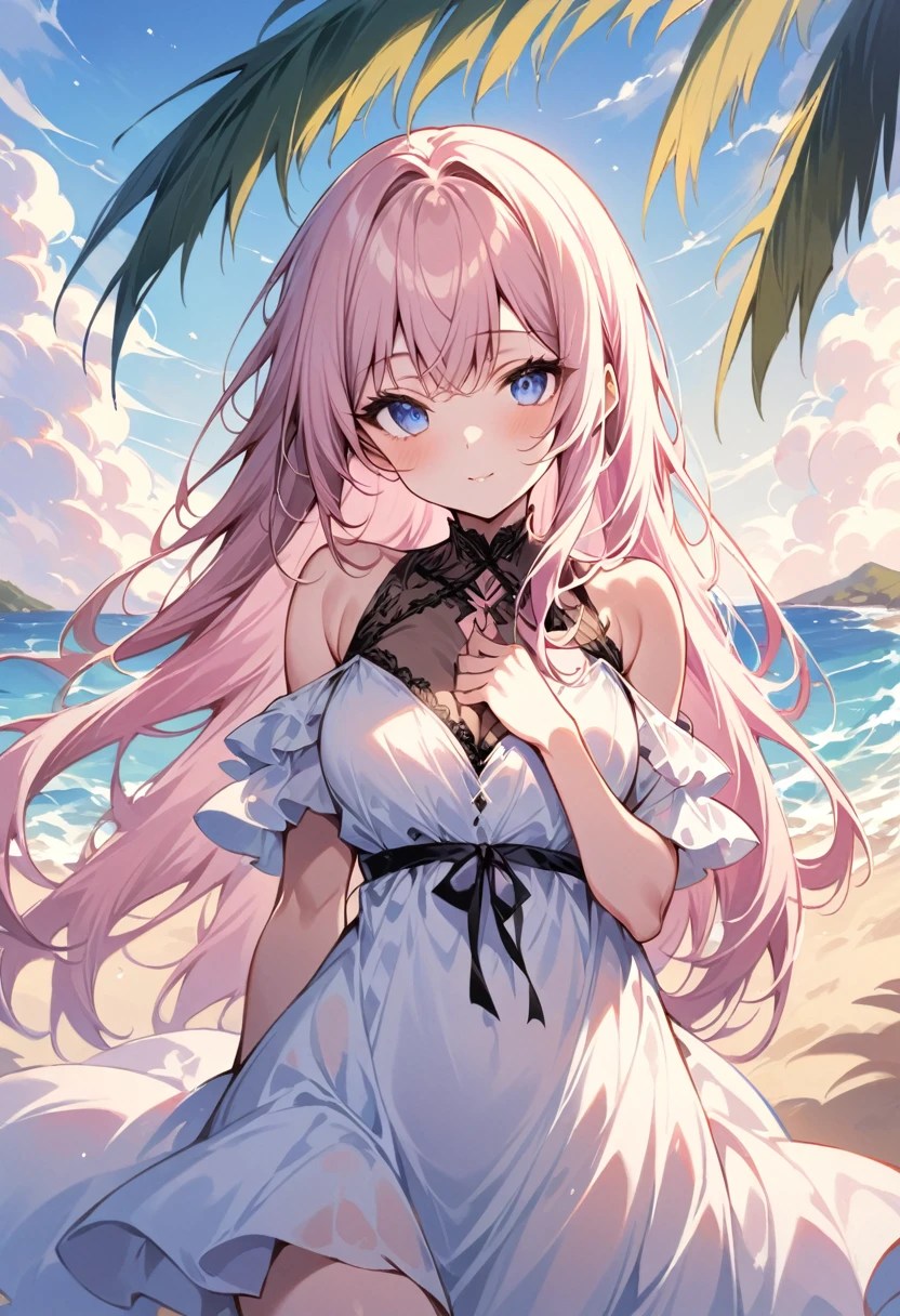 Highest quality, High detail, (Detailed face), Fine grain,((Highest quality, masterpiece)), beautifully、aesthetic, Perfect lighting, Image features a beautiful young woman with long hair,(masterpiece, Highest quality:1.2), One girl, alone,One girl, lillia, One Girl、Pink long hair、blue eyes、White dress with black lace、large pink ribbon on the chest、 Stand on the beach near the sea. She was wearing a white dress and、It looks like you're posing for a photo. The beach is lined with palm trees, Create a calm and tropical atmosphere. The woman is the main focus of the image, Grab viewers' attention with her elegant poses and stunning beauty,,