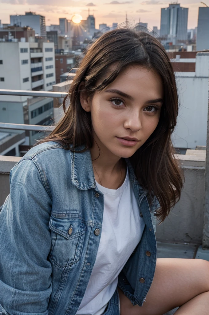 A model in a classic denim jacket and a white tee sits on a city rooftop terrace, ultra realistic detail of facial, vusage with a little defect, gazing out over the skyline. The setting sun casts a warm glow over the scene, with casual yet trendy clothing that fits the urban setting, face more detailed less smooth