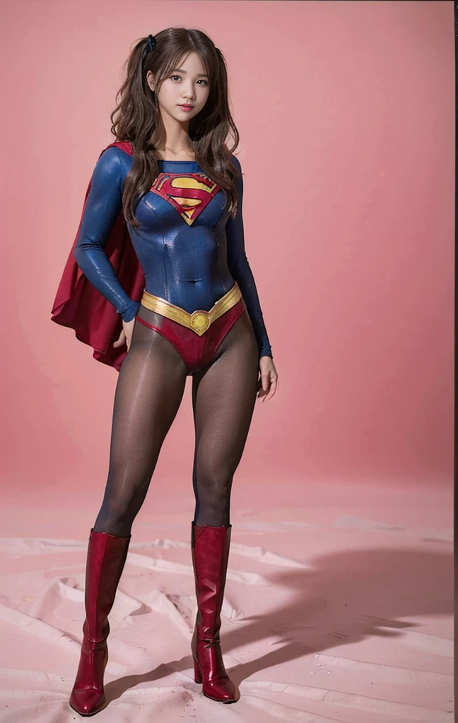 No background、(((Beautiful legs in black tights.)))、(((Legally express the beauty of your smile)))、((((Make the most of your original images)))、(((Supergirl Costume)))、(((Beautiful hair with twin tails)))、(((suffering)))、(((Please wear black tights....、Wear red boots)))、((Best image quality、8K))、((Highest quality、8K、masterpiece:1.3))、(((Preserve background )))、Sharp focus:1.2、Beautiful woman with perfect figure:1.4、Slim Abs:1.2、Wet body:1.5、Highly detailed face and skin texture、8K