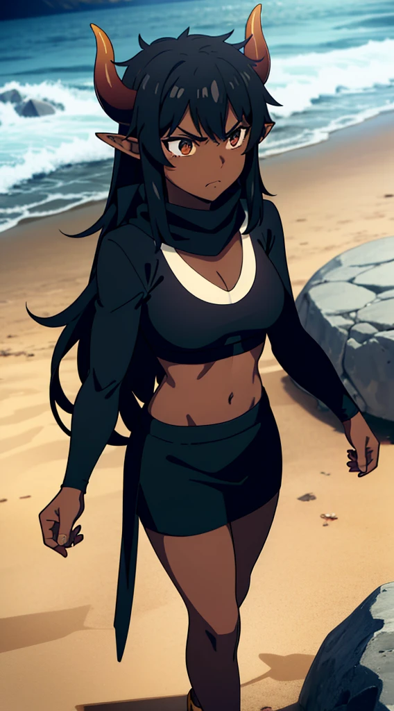 (1girl ,25s,adult),long hair, black hair,horns,elf ears,((black scarf)),cleavage,((dark skin)),(black sports bra, midriff),angry face,walking,from above, rocks,lightnings,thunders,night,