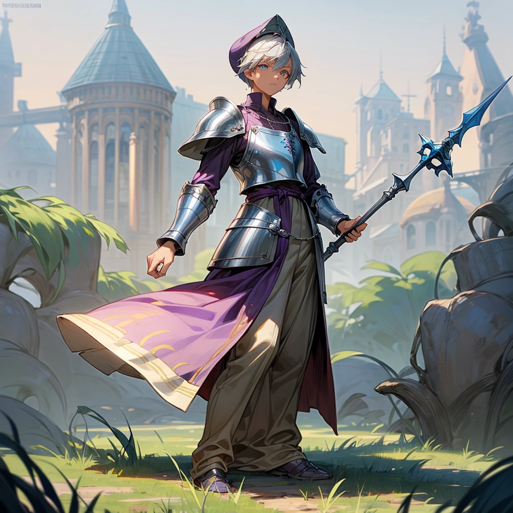 1boy, Full body version, 1character, blue eyes color, sad eyes, eyeliner, tan skin, classic fade haircut, almond eyes type, brown colour hair, medieval clothing style, breton hat, armor body, purple color clothing, silver necklaces, armor on hand, silver spear in hand, Grassroots background in field town, motion blur 