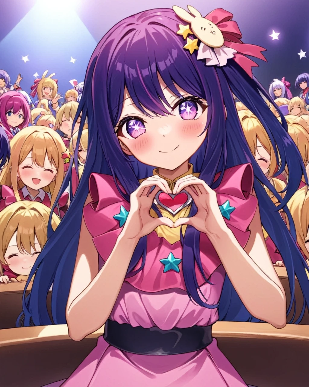 Ai Hoshino,One girl, One_eye_Closed, heart_hand, smile, 一人in, pink_dress, star_\(symbol\), blush, star_hair_ornament, Looking_in_Audience, pink_hand袋, symbol-shaped_student
star-shaped_student,symbol-shaped_student,. nice,Key Visual, Vibrant, Studio Anime,Award-winning, Professional, Very detailed,High budget, CinemaScope