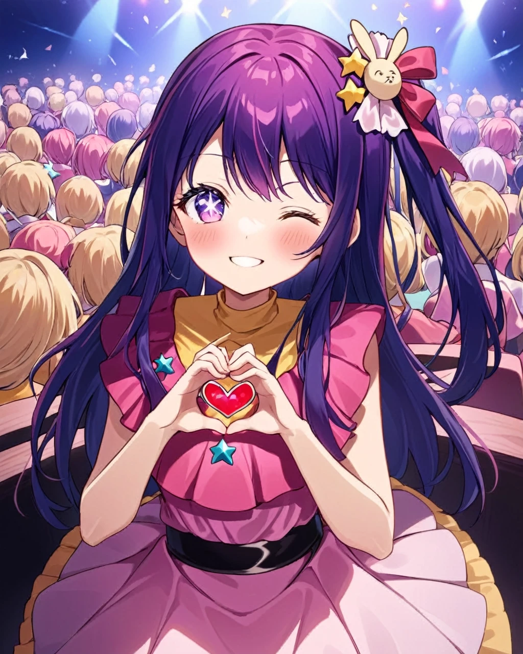 Ai Hoshino,One girl, One_eye_Closed, heart_hand, smile, 一人in, pink_dress, star_\(symbol\), blush, star_hair_ornament, Looking_in_Audience, pink_hand袋, symbol-shaped_student
star-shaped_student,symbol-shaped_student,. nice,Key Visual, Vibrant, Studio Anime,Award-winning, Professional, Very detailed,High budget, CinemaScope