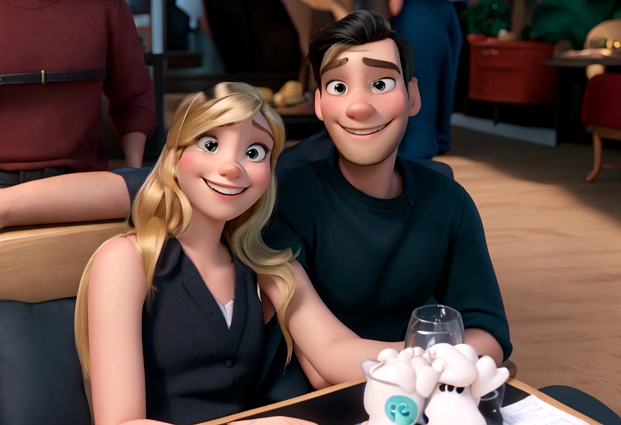 High quality artwork maximum quality best quality Disney pixar style couple smiling blonde woman and man with thin calf beard smiling and black hair