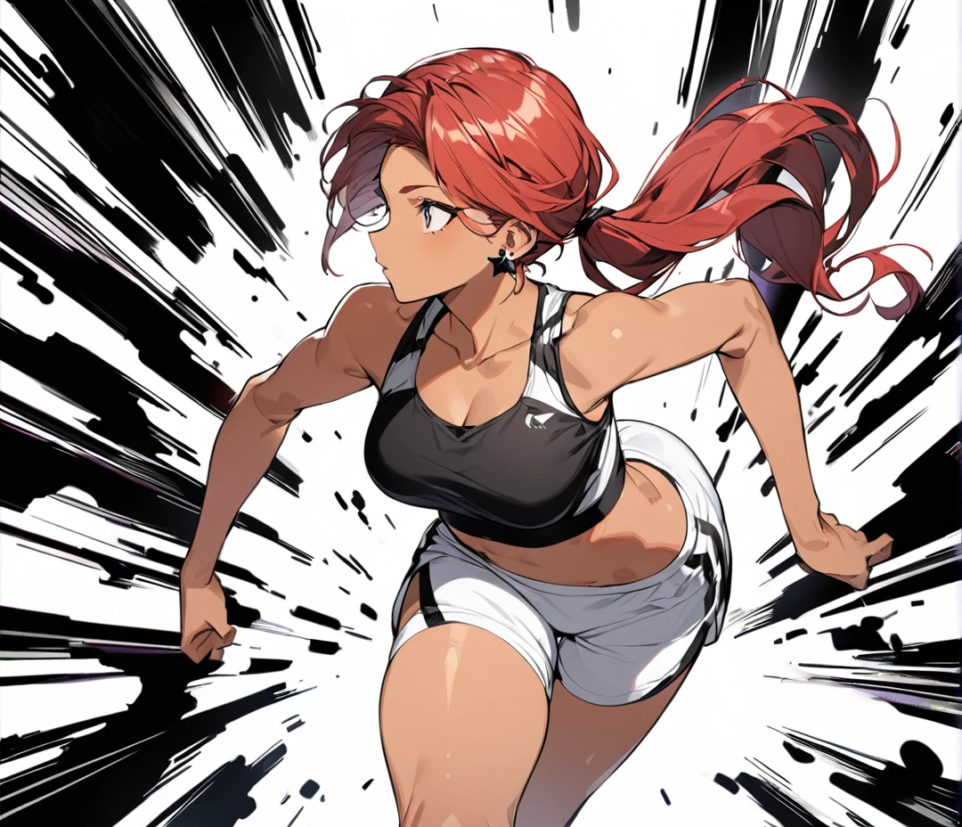 redhead, tanned skin, medium breasts, thick ass, black sports bra, black and white dolphin running shorts, black star shaped earrings, long ponytail, front shot, pure white background, facing forward