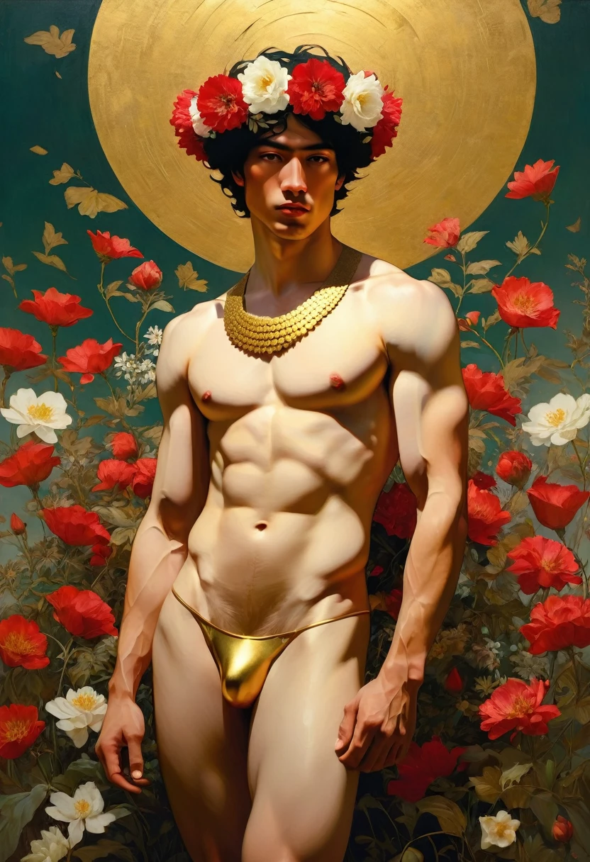 Full body portrait of handsome young man wearing flower crown, manly,muscle,Naked man among flowers, Gold strap Roman shoes,Wearing a white very short strip of cloth on the lower body,he has a flower crown, jewelry,The male god among the flowers, Covered with flowers, Mucha Klimt and Tom Bagshaw, girl among flowers, spring male persephone, Flower God, Zhenrong New Art, Portrait of male holding flowers, original photo (aldult:1.3),Male erupts into intense crimson cascade,The intersection of magic and technology and the sticky temptation disappear into the shadows,A neo-expressionist masterpiece embraced by gold,Topless,muscle,Hair between the eyes,(Chiaroscuro:1.3),(Octane rendering masterpiece,masterpiece scale,beautiful depth of field,super wide angle,Ultra-detailed CG perspective,Super dynamic lighting with amazing shadows,dramatic lighting), Conveys feelings of inner strength and confidence. Introducing a gentle, Atmospheric haze in the environment, Creates a soft light diffusion effect,Gives the impression of a golden aura and presence.