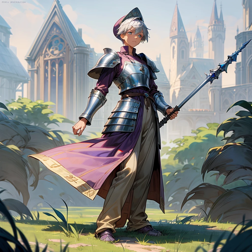 1boy, Full body version, 1character, blue eyes color, sad eyes, eyeliner, tan skin, classic fade haircut, almond eyes type, brown colour hair, medieval clothing style, breton hat, armor body, purple color clothing, silver necklaces, armor on hand, silver spear in hand, Grassroots background in field town, motion blur