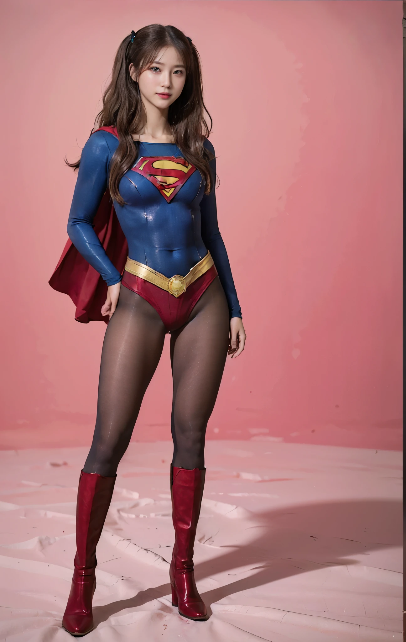 No background、(((Beautiful legs in black tights.)))、(((Legally express the beauty of your smile)))、((((Make the most of your original images)))、(((Supergirl Costume)))、(((Beautiful hair with twin tails)))、(((suffering)))、(((Please wear black tights....、Wear red boots)))、((Best image quality、8K))、((Highest quality、8K、masterpiece:1.3))、(((Preserve background )))、Sharp focus:1.2、Beautiful woman with perfect figure:1.4、Slim Abs:1.2、Wet body:1.5、Highly detailed face and skin texture、8K