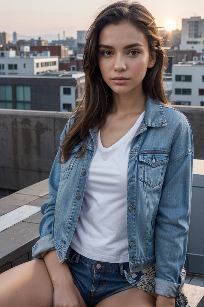 A model in a classic denim jacket and a white tee sits on a city rooftop terrace, ultra ultra realistic detail of facial, facial with a little defect, gazing out over the skyline. The setting sun casts a warm glow over the scene, with casual yet trendy clothing that fits the urban setting
