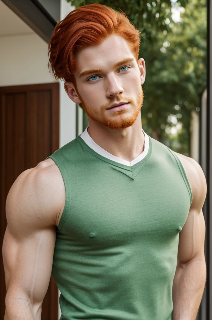 Masterpiece, Best Quality, ultra detailed, 1 man, 26 years old, muscular, big shoulders, Red hair, redhead, short hair, green eyes, emerald eyes, very pretty eyes, pretty eyes, bright Eyes, very detailed eyes, pale skin, modern clothing, social clothing, ((formal wear:1.0)) contemporary stuff, today's clothes, glamorous clothes, looking to the side, city background
