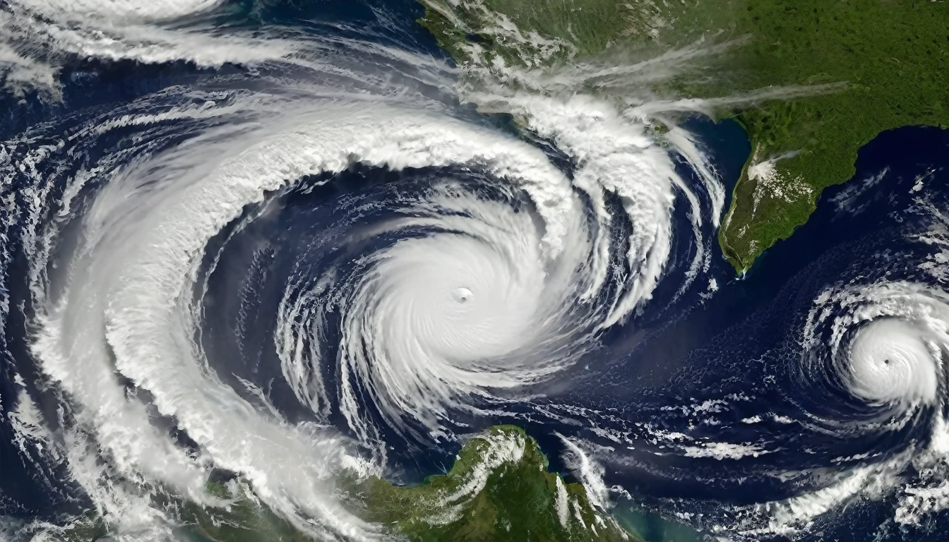 A dramatic image shows Category 5 Hurricane Beryl devastating the island of Jamaica with strong winds and giant waves