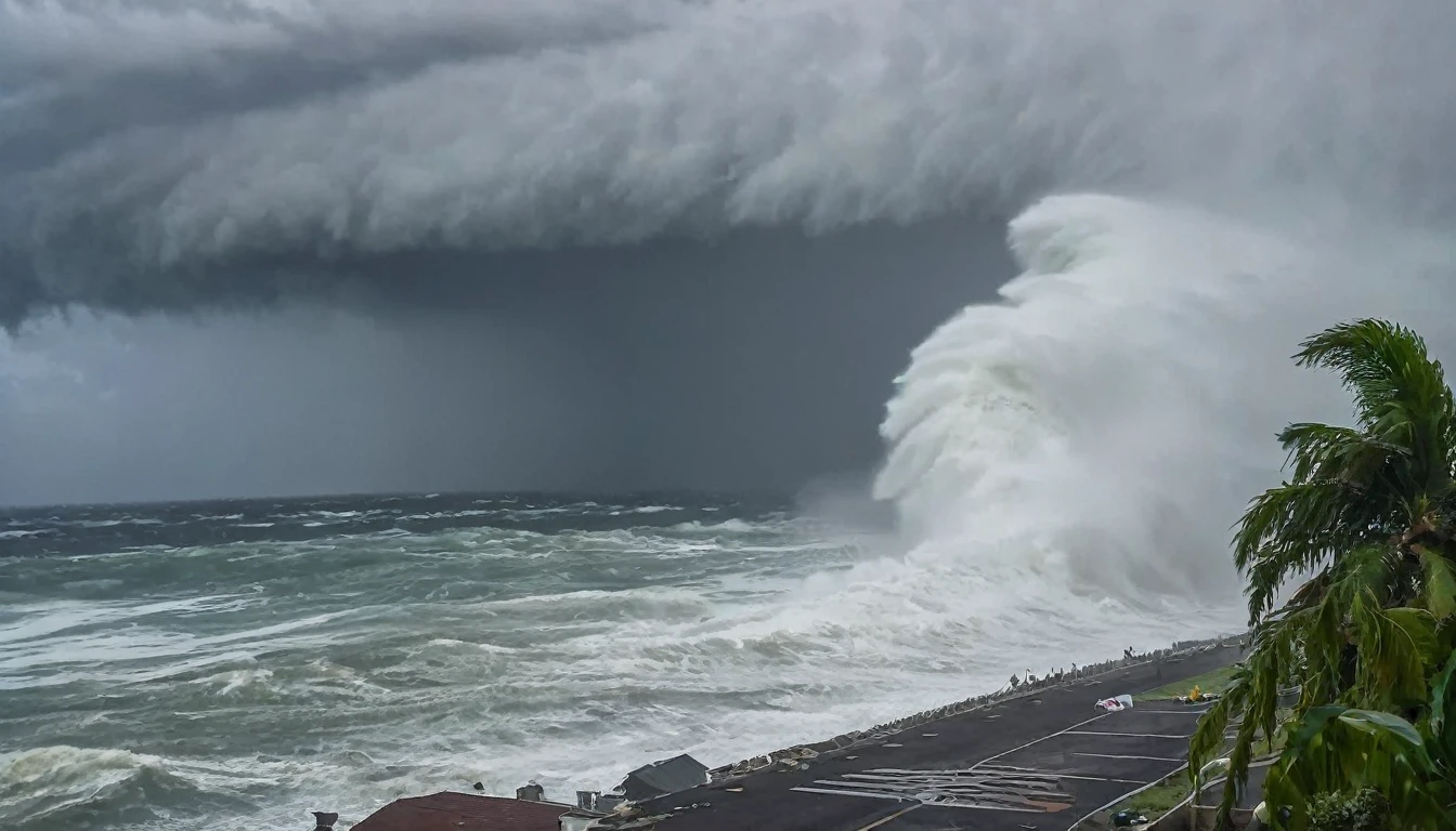 A dramatic image shows Category 5 Hurricane Beryl devastating the island of Jamaica with strong winds and giant waves