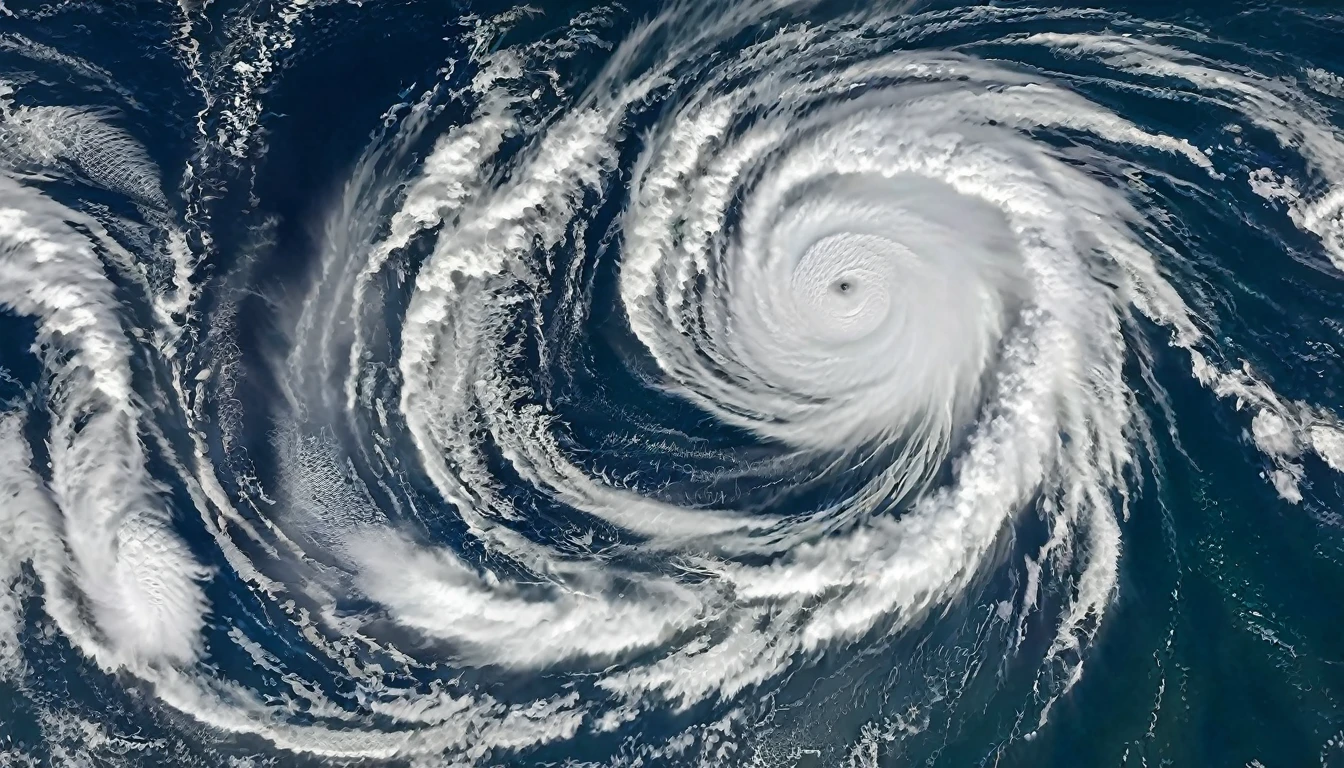 A dramatic image shows Category 5 Hurricane Beryl devastating the island of Jamaica with strong winds and giant waves