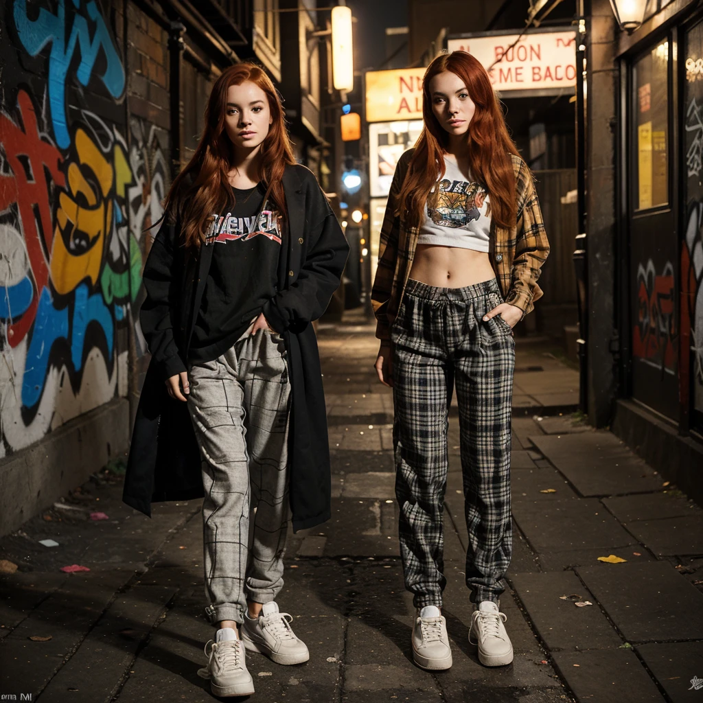 25-year-old ,girl with long red hair, The girl wears a plaid shirt with a loose fit. The pattern consists of intersecting lines in various colors, creating a checkered design.
Her wide pants are comfortable and slightly baggy, allowing freedom of movement. They reach down to her ankles.
She completes the look with sturdy sneakers that have a worn-in appearance.
Location:
You find her in a dimly lit alleyway tucked away from the bustling city streets.
The walls of the alley are covered in graffiti, a vibrant mix of colors and styles. Some depict abstract shapes, while others convey messages or symbols.
Flickering streetlights cast uneven shadows, creating an atmosphere of mystery and intrigue