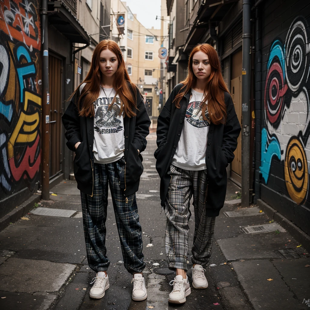 25-year-old ,girl with long red hair, The girl wears a plaid shirt with a loose fit. The pattern consists of intersecting lines in various colors, creating a checkered design.
Her wide pants are comfortable and slightly baggy, allowing freedom of movement. They reach down to her ankles.
She completes the look with sturdy sneakers that have a worn-in appearance.
Location:

You find her in a dimly lit alleyway tucked away from the bustling city streets.
The walls of the alley are covered in graffiti, a vibrant mix of colors and styles. Some depict abstract shapes, while others convey messages or symbols.
Flickering streetlights cast uneven shadows, creating an atmosphere of mystery and intrigue