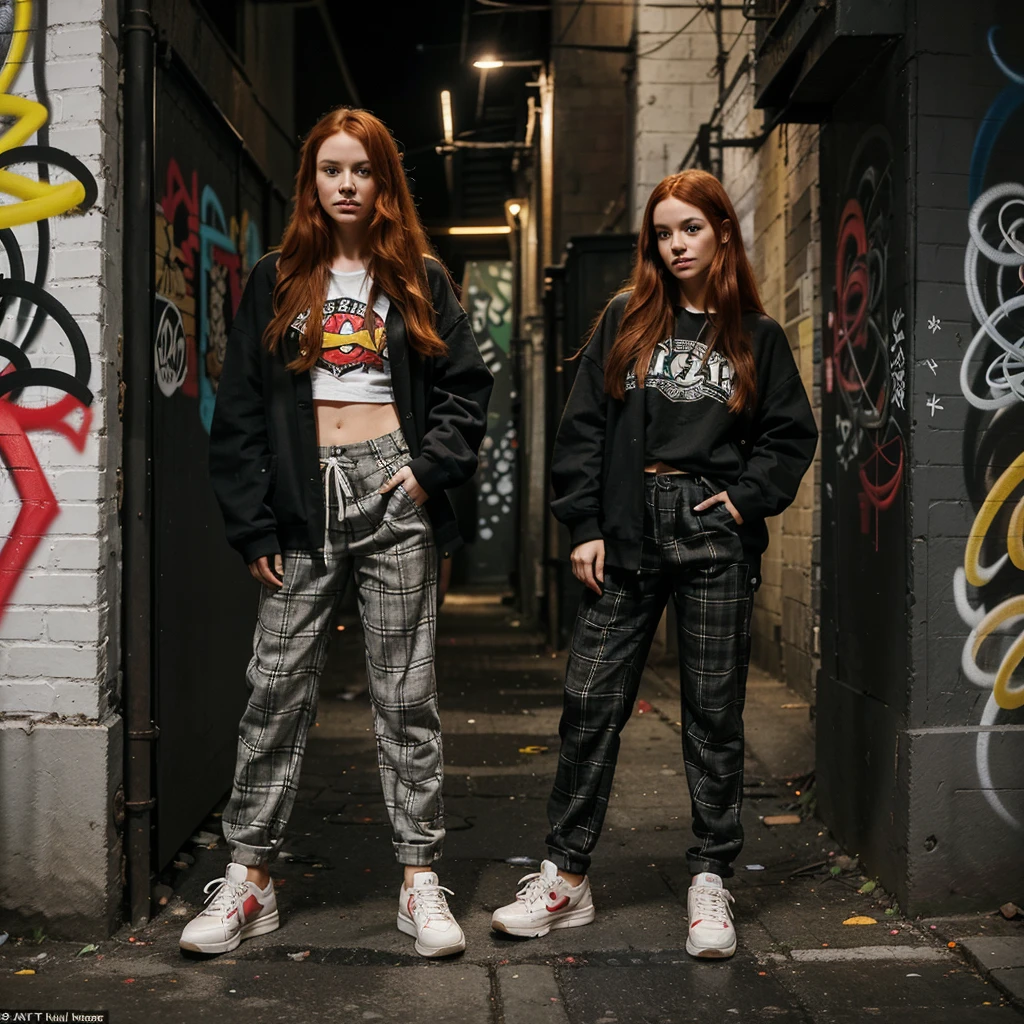 25-year-old ,girl with long red hair, The girl wears a plaid shirt with a loose fit. The pattern consists of intersecting lines in various colors, creating a checkered design.
Her wide pants are comfortable and slightly baggy, allowing freedom of movement. They reach down to her ankles.
She completes the look with sturdy sneakers that have a worn-in appearance.
Location:
You find her in a dimly lit alleyway tucked away from the bustling city streets.
The walls of the alley are covered in graffiti, a vibrant mix of colors and styles. Some depict abstract shapes, while others convey messages or symbols.
Flickering streetlights cast uneven shadows, creating an atmosphere of mystery and intrigue