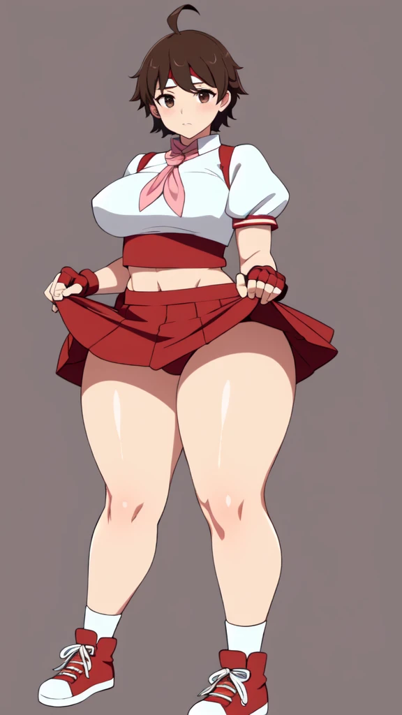 masterpiece, Highest quality, High resolution, 1girl, 独奏, Sakura MS, kasugano sakura, milf, shiny, oily skin, Brown eyes, Brown Hair, short hair, bangs, Ahoge, head band, , Puffy sleeves, Crop top, neckerchief, midriff, ((blue mini skirt)), ultra short skirt, Fingerless gloves, Thighs Thighs Thighs, (thick thighs, voluptuous thighs, ample thighs), White socks, Red footwear, Very detailed, More detailed,Proper body balance,Ultra-high quality output images,High resolution,Intricate details,Very delicate and beautiful hair, simple background, Embarrassed look, discovery stance, Bare legs, full body,