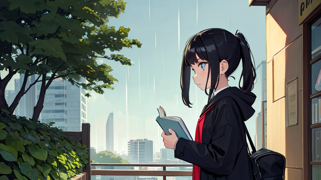 image of a young girl studying, looking at the street, with rain, and notebooks and books, trouble, of capes